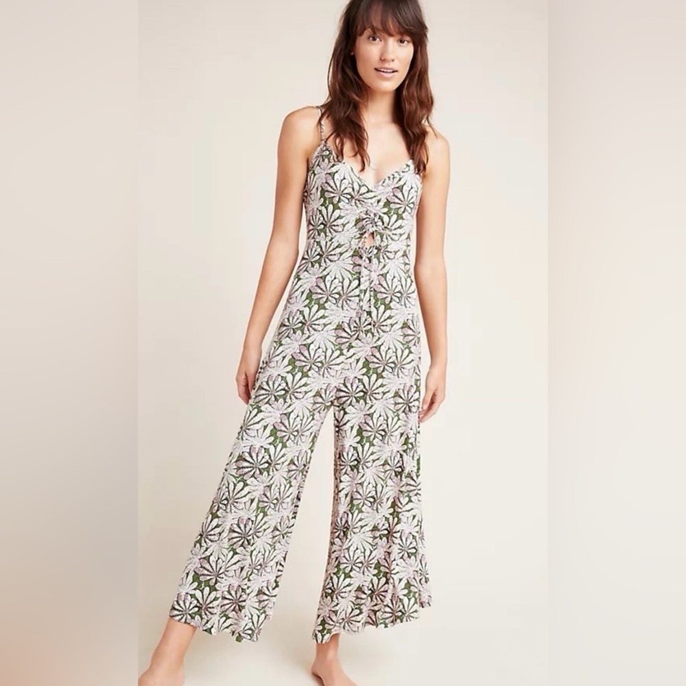 Anthropologie Green Leaf Print Jumpsuit Knit Wide Leg Bohemian